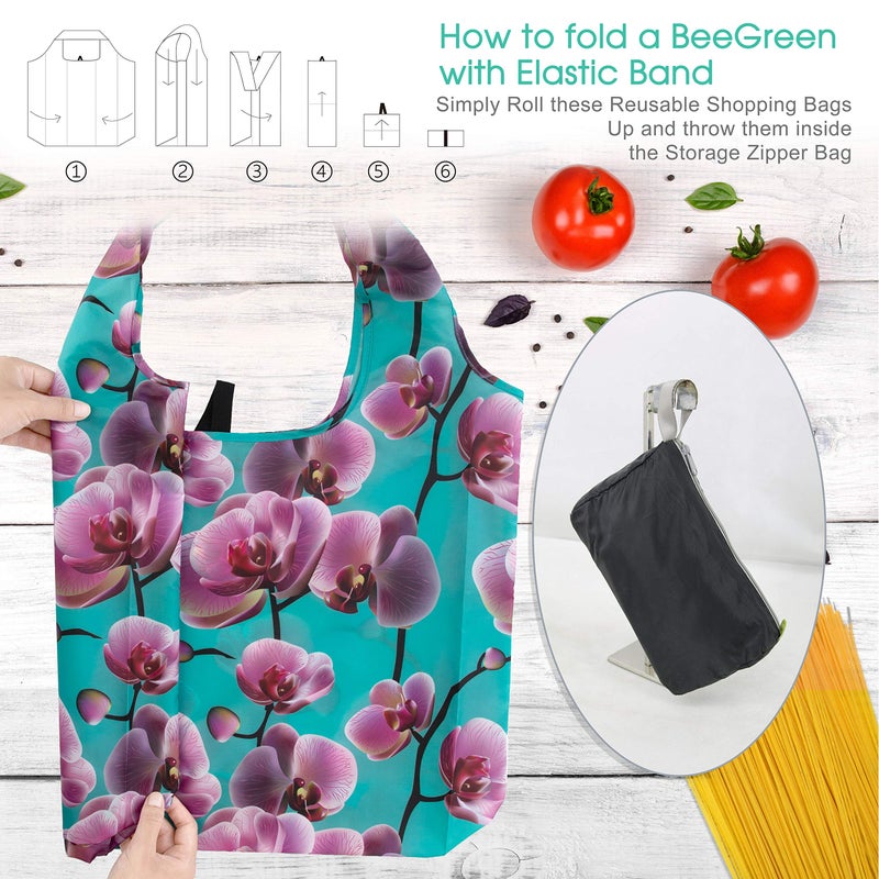 BeeGreen 10 Pack Washable Floral Grocery Bags for Shopping Reusable Tote Bags Extra Large 50LBS Cute Flower Design Foldable Reusable Bags for Women Men Lightweight Durable - Image 4